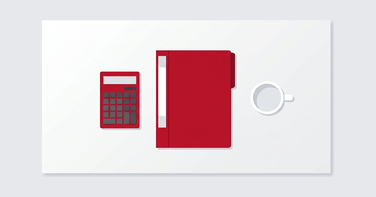 Calculadora, carpeta de documentos y taza sobre un escritorio