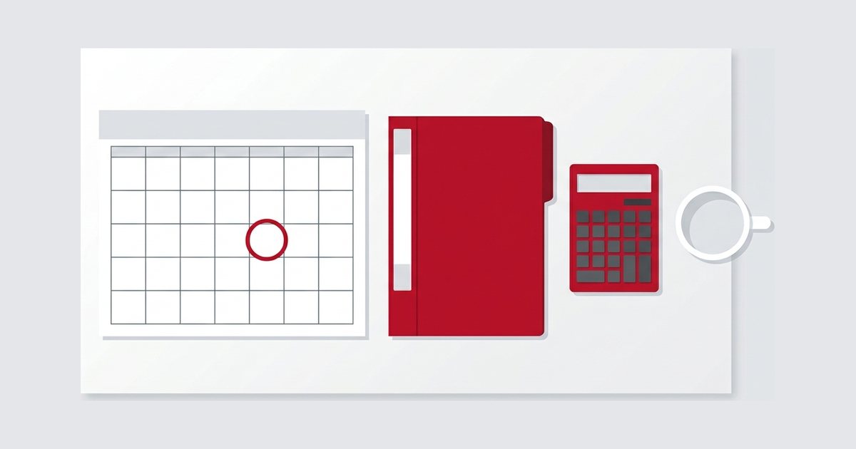 Calendario con una fecha marcada en rojo junto a una carpeta y una calculadora